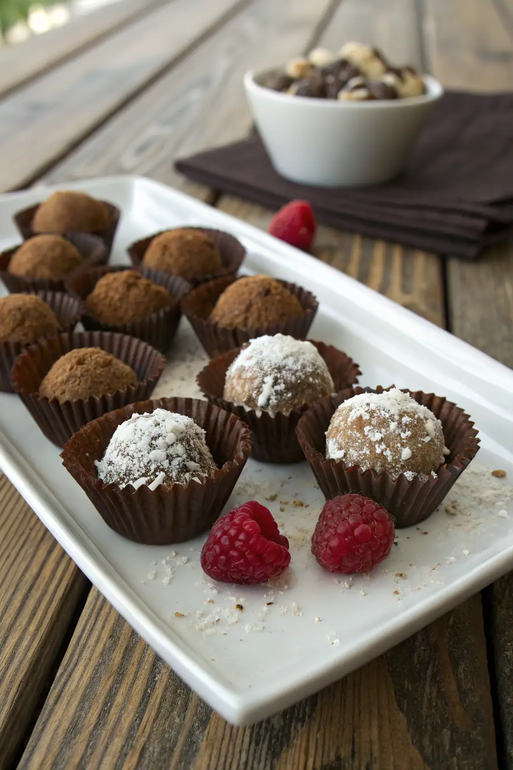 easy chocolate truffles with cocoa, nuts, coconut coatings artfully arranged with fresh raspberries on a ceramic platter
