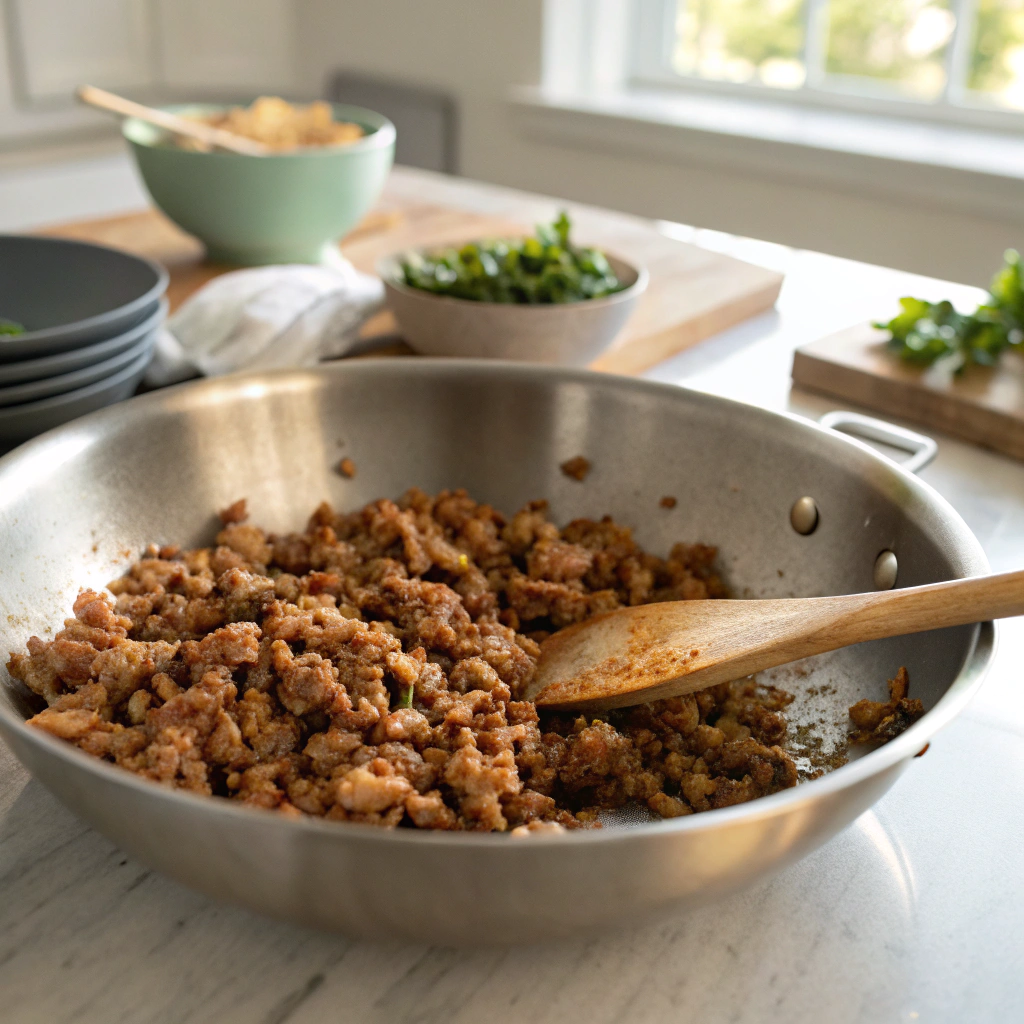 Egg roll in a bowl recipe ground pork caramelized in skillet, wooden spoon sauteing