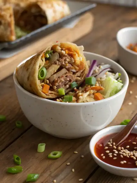 Egg roll in a bowl recipe showing browned pork, cabbage, green onions, and sesame seeds in a ceramic bowl