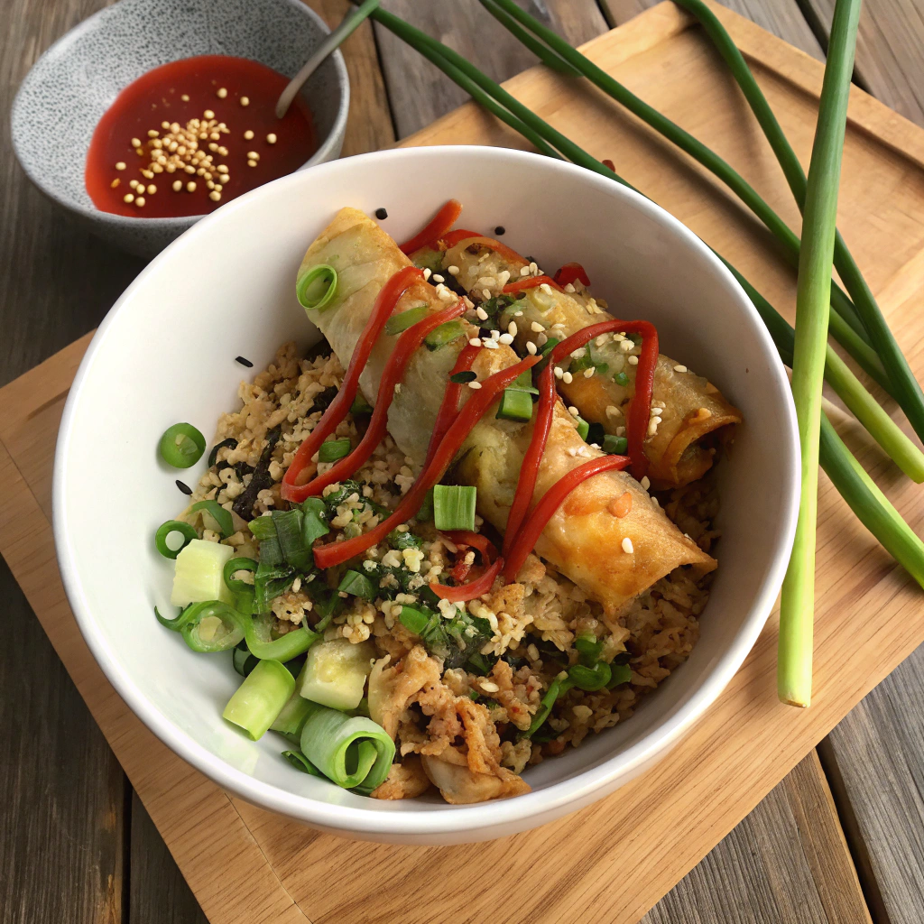 Egg roll in a bowl recipe, ground meat and vegetable stir-fry in a bowl, topped with green onions and sriracha.