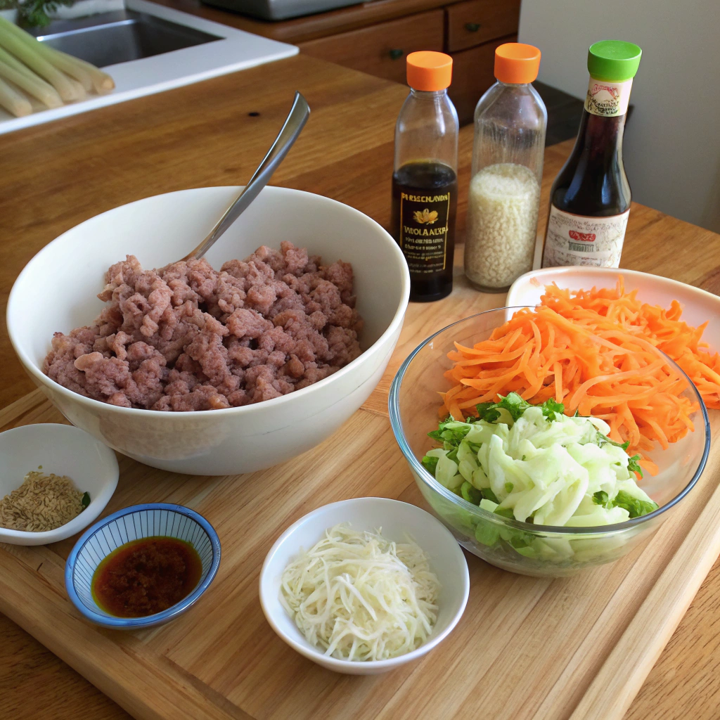 Egg roll in a bowl recipe ingredients of ground pork, coleslaw mix, and aromatics arranged for prep in a modern kitchen.