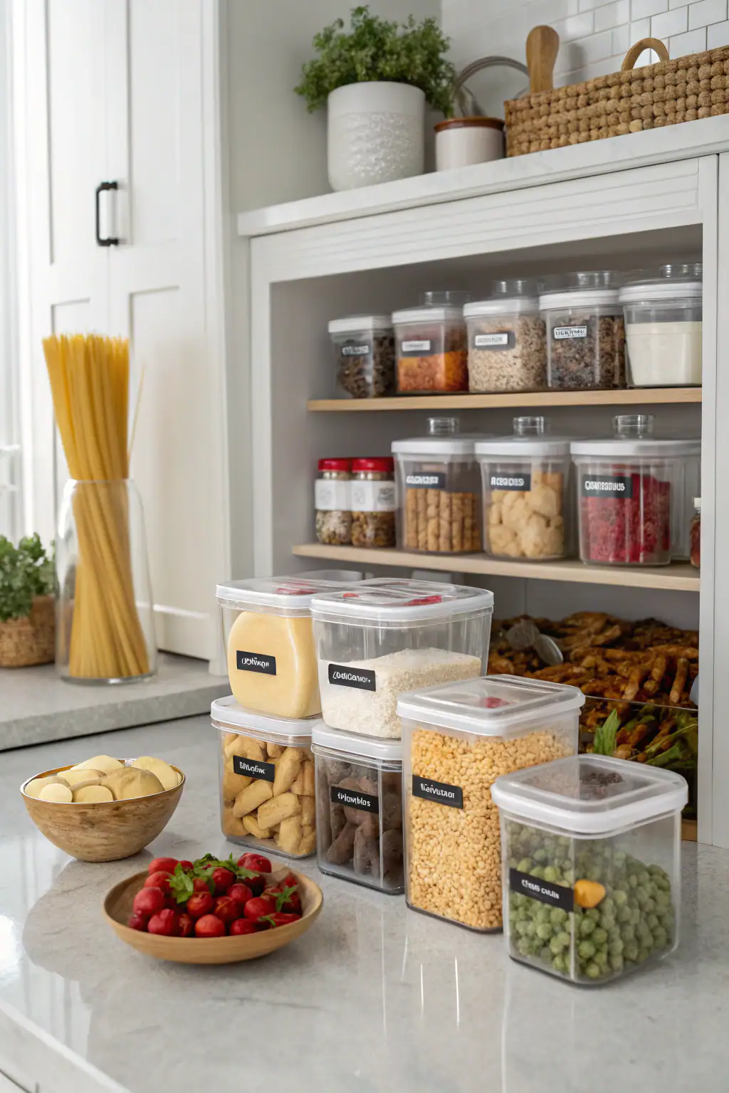 Food storage jars and containers, organized pantry shot of clear labeled jars with grains and spices, neat arrangement.