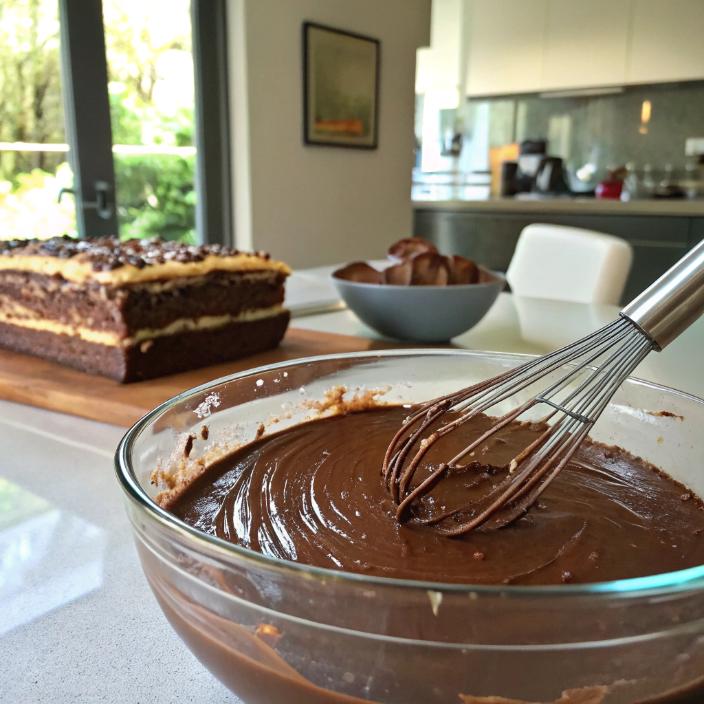 German Chocolate Cake mixture - melted chocolate, coconut, pecans in bowl. Close-up shows glossy texture, inviting baking atmosphere.