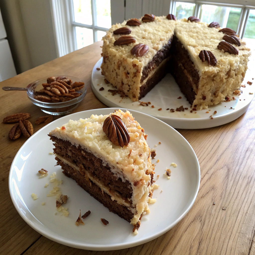 German Chocolate Cake overhead shot showing layers, frosting, coconut-pecan topping on rustic table. Delicious baked dessert from scratch.