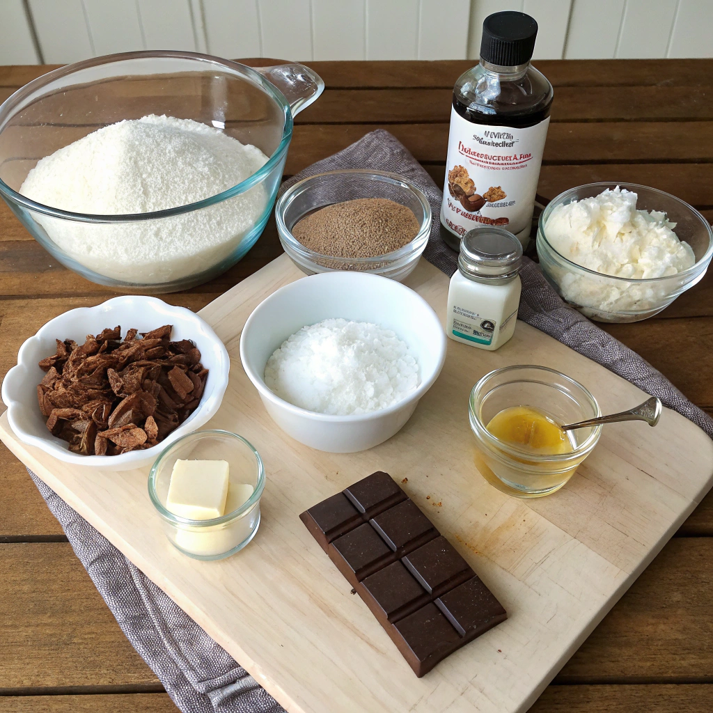 German Chocolate Cake ingredients artfully arranged: chocolate bars, flour, sugar, eggs, butter, buttermilk, coconut, pecans, vanilla, evaporated milk on rustic wooden table.