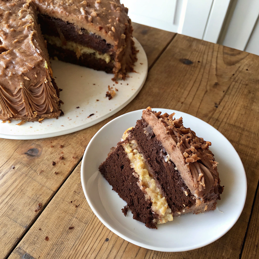 Overhead moist german chocolate cake recipe with coconut-pecan frosting layers on white plate, shot on rustic wood table