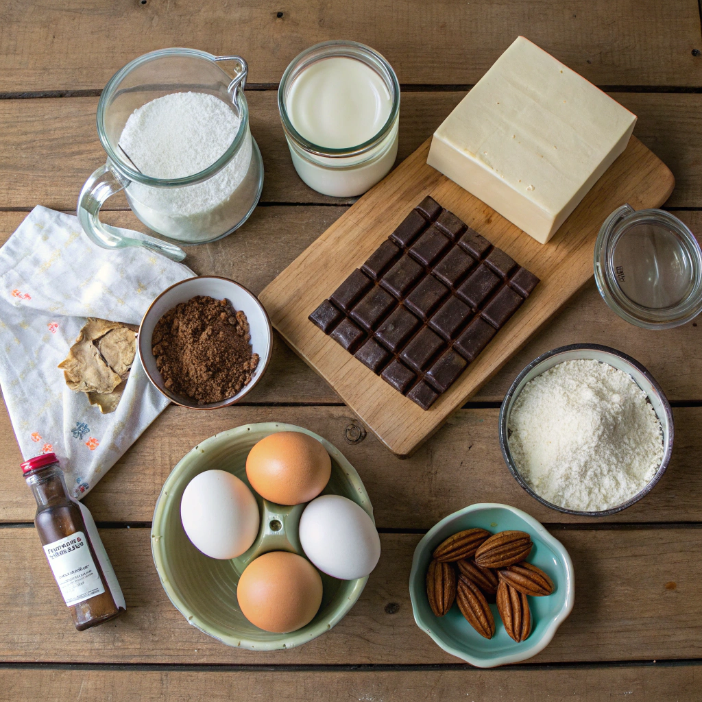 German chocolate cake recipe flat lay of all ingredients - chocolate, flour, sugar, butter, eggs, vanilla, buttermilk, coconut, pecans, evaporated milk arranged neatly.