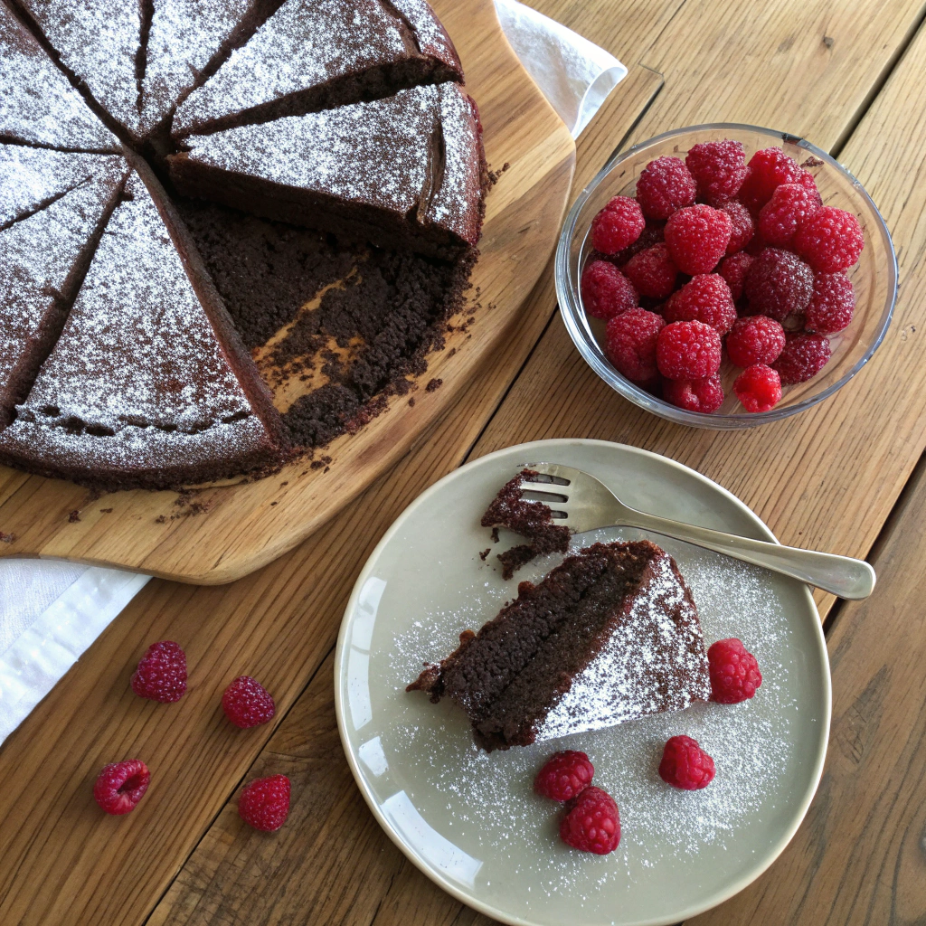 Gluten free chocolate cake recipe: Dark moist crumb dusted powdered sugar, chocolate frosting layers, fresh raspberries on rustic wood table.