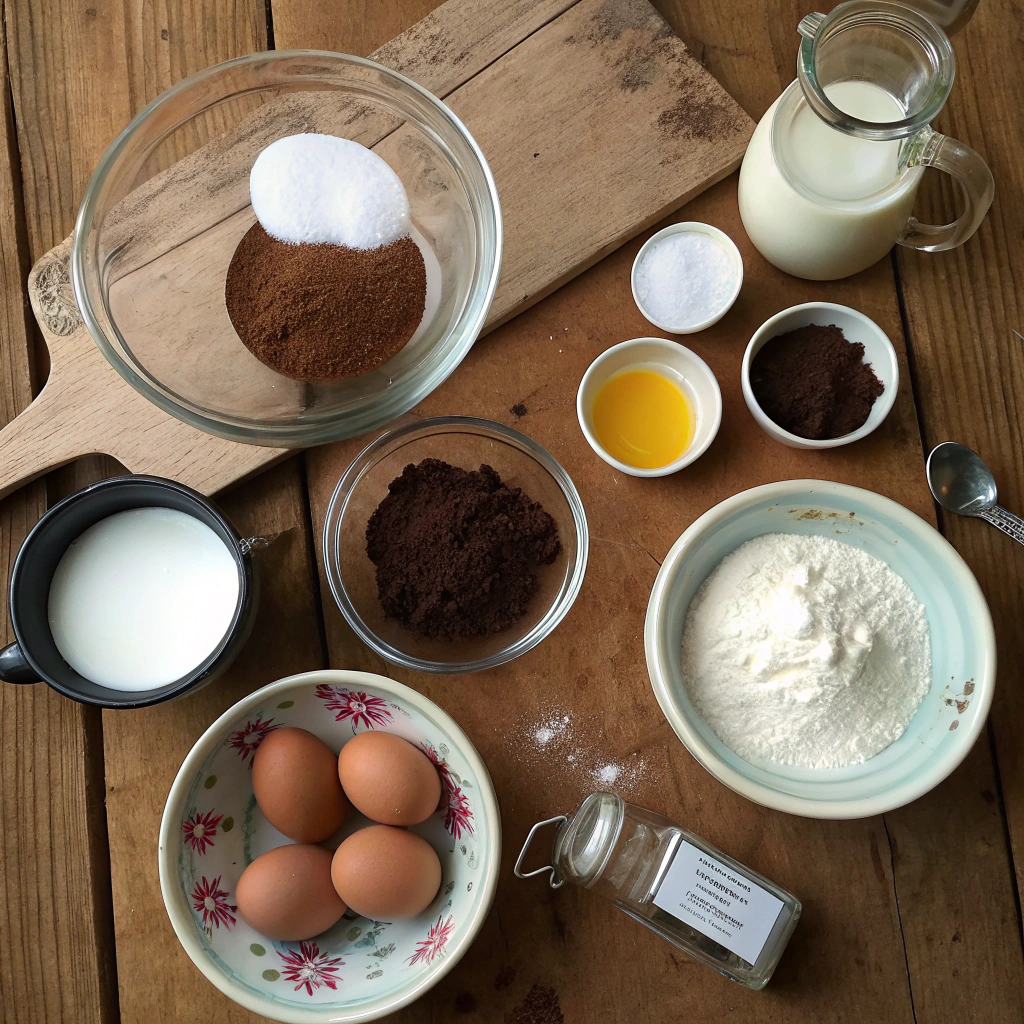 Gluten-free chocolate cake ingredients flat lay: flour, sugar, cocoa powder, leaveners, eggs, milk, oil, vanilla, coffee, vinegar, yogurt on rustic wooden table.