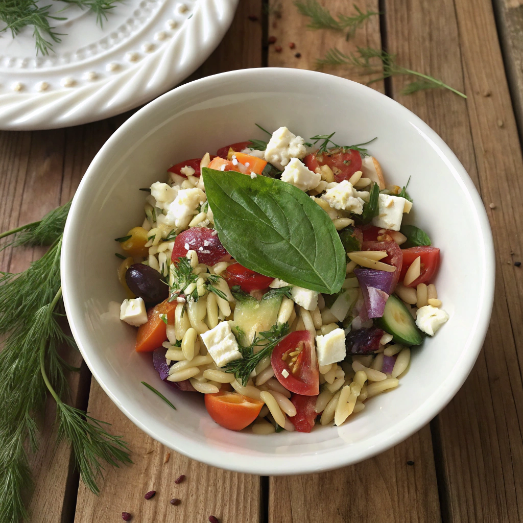 Greek Orzo Salad photo: Colorful orzo pasta, veggies, feta in bowl, garnished with herbs on wood table - appetizing overhead shot.