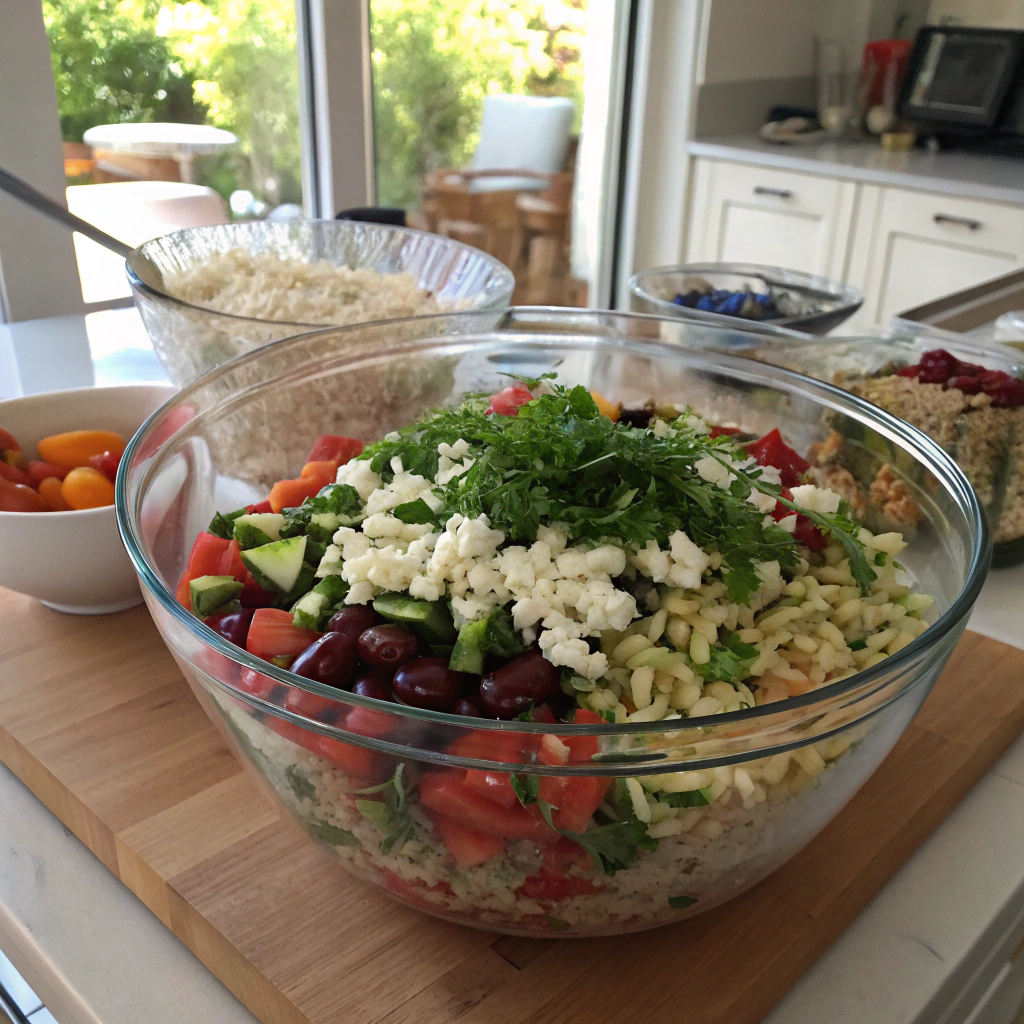 Greek Orzo Salad overhead shot: dressed orzo, veggies, feta, herbs assembling in glass bowl. Appetizing kitchen scene.