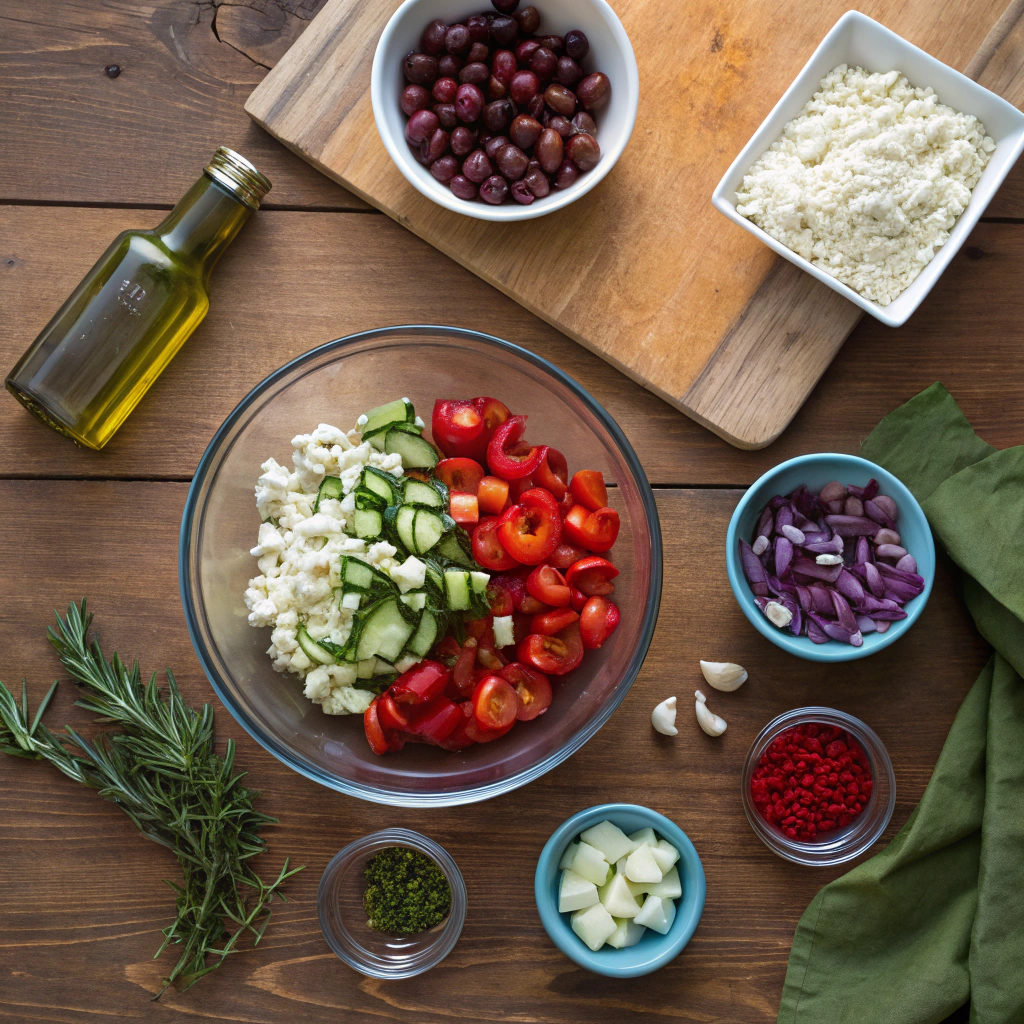 Greek Orzo Salad ingredients beautifully arranged: orzo, tomatoes, cucumbers, peppers, onions, olives, feta, herbs, dressing items on rustic wood table.