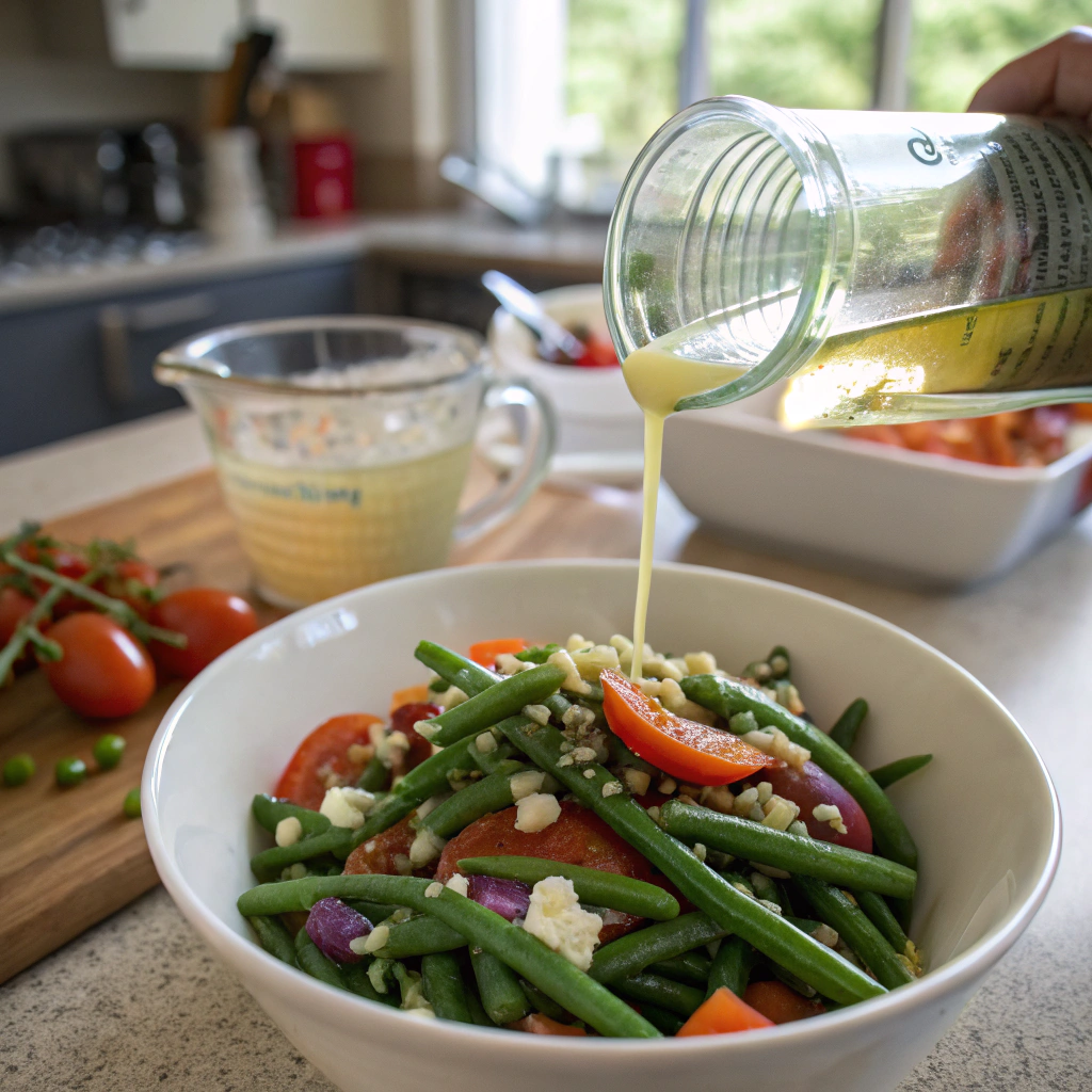 Green bean salad prep: pouring dressing over arranged veggies, dressing cup in modern kitchen setting. Appetizing bean salad assembly.