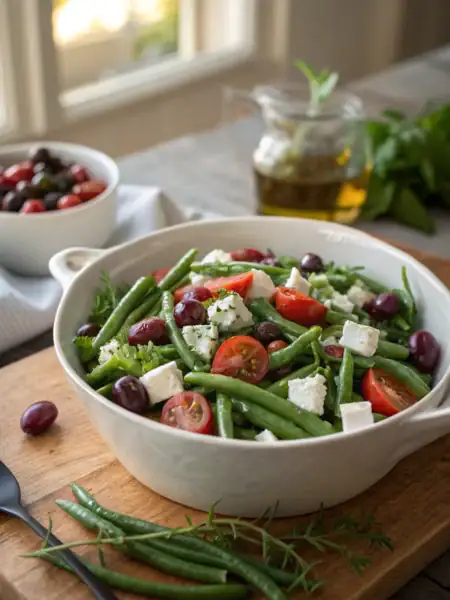 Green bean salad with vibrant beans, tomatoes, olives, feta in ceramic bowl on rustic table. Colorful layers, fresh herbs, warm lighting.