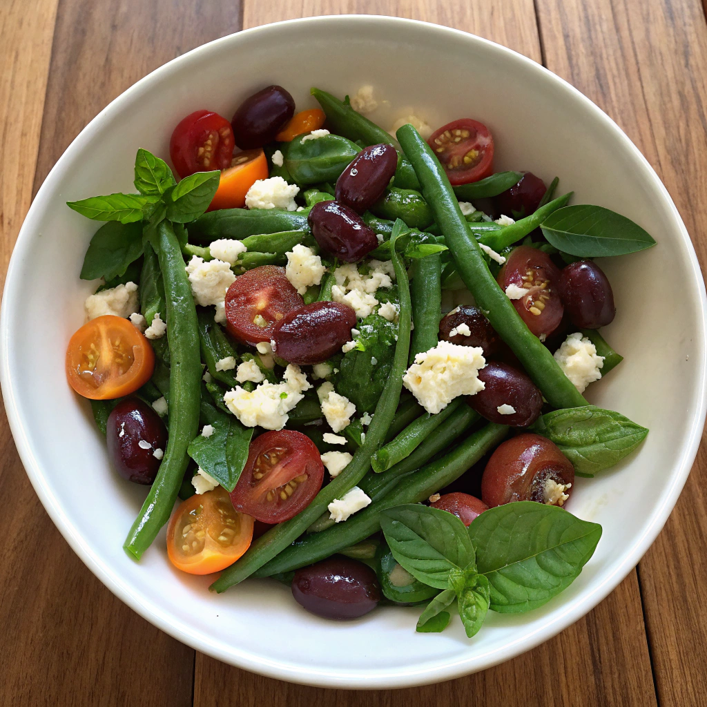 Overhead view of fresh green bean salad with tomatoes, olives, feta in white bowl; beautifully arranged veggie dish with herbs.