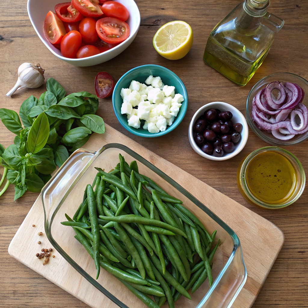 Green bean salad with fresh veggies, olives, feta in arranged composition; rustic wooden table with natural light.