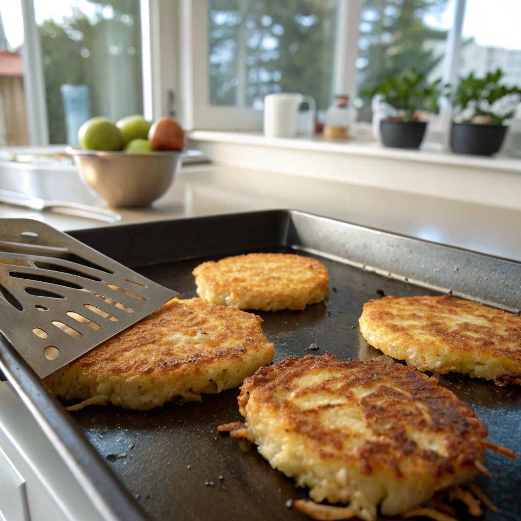 Griddle hashbrowns sizzling, shredded potatoes forming golden-brown crispy crust.