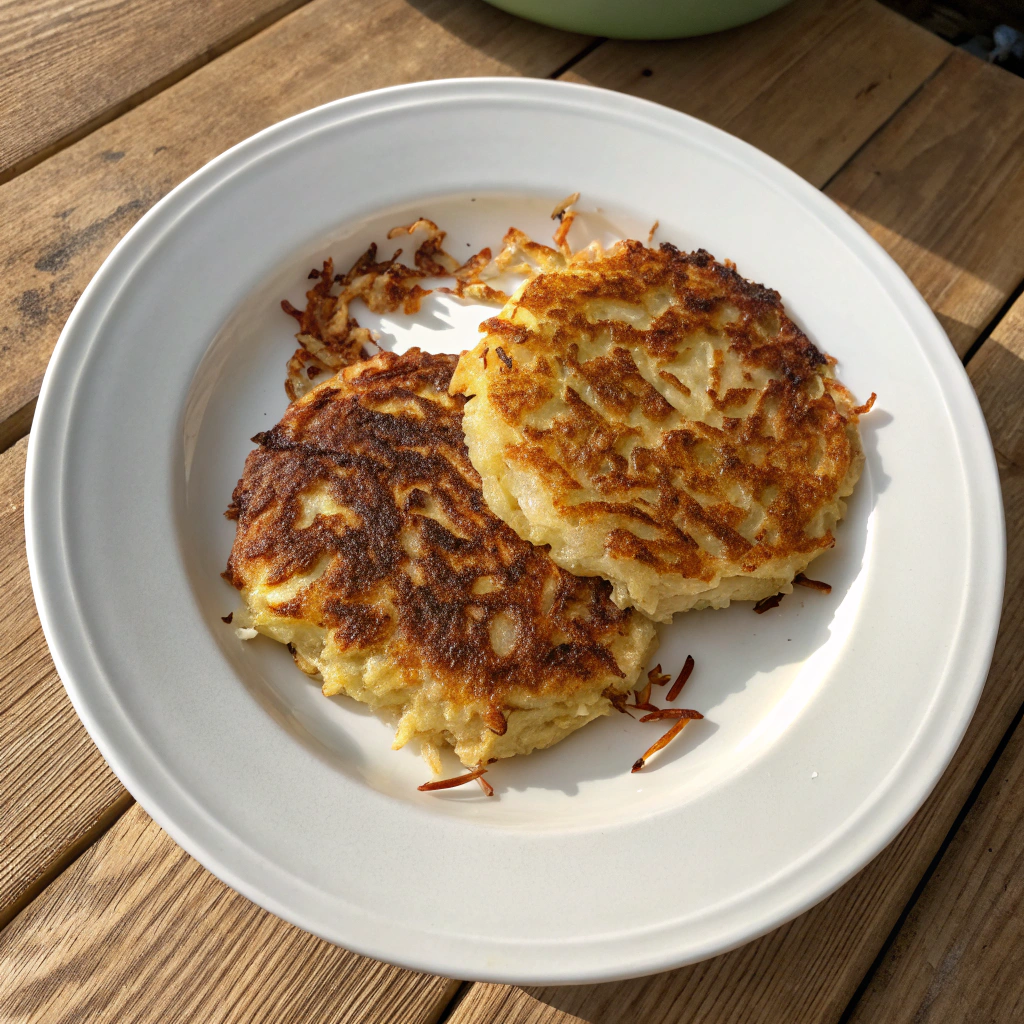 Griddle hashbrowns with crispy potatoes and onions, golden-brown patty showcasing tender interior and crispy exterior on white plate.