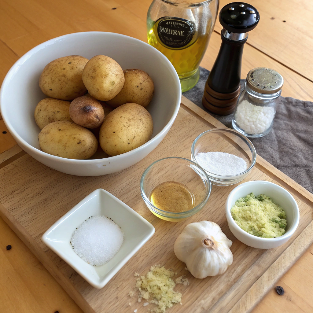 Griddle hashbrowns ingredients: potatoes, oil, spices arranged on wooden table, capturing preparation stage