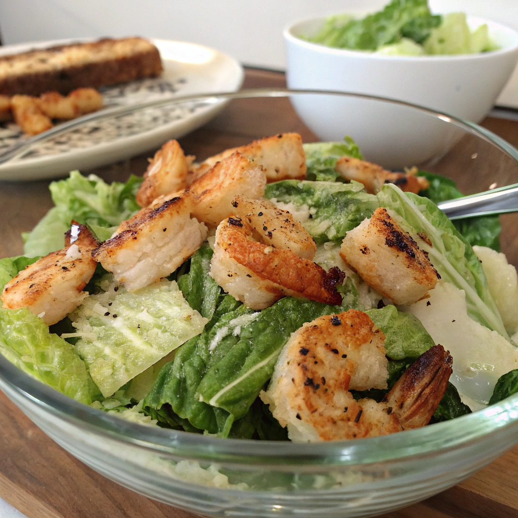 Grilled Shrimp Caesar Salad assembly: crisp romaine leaves coated with glossy dressing in glass bowl, shrimp peeking through. Appetizing plating.