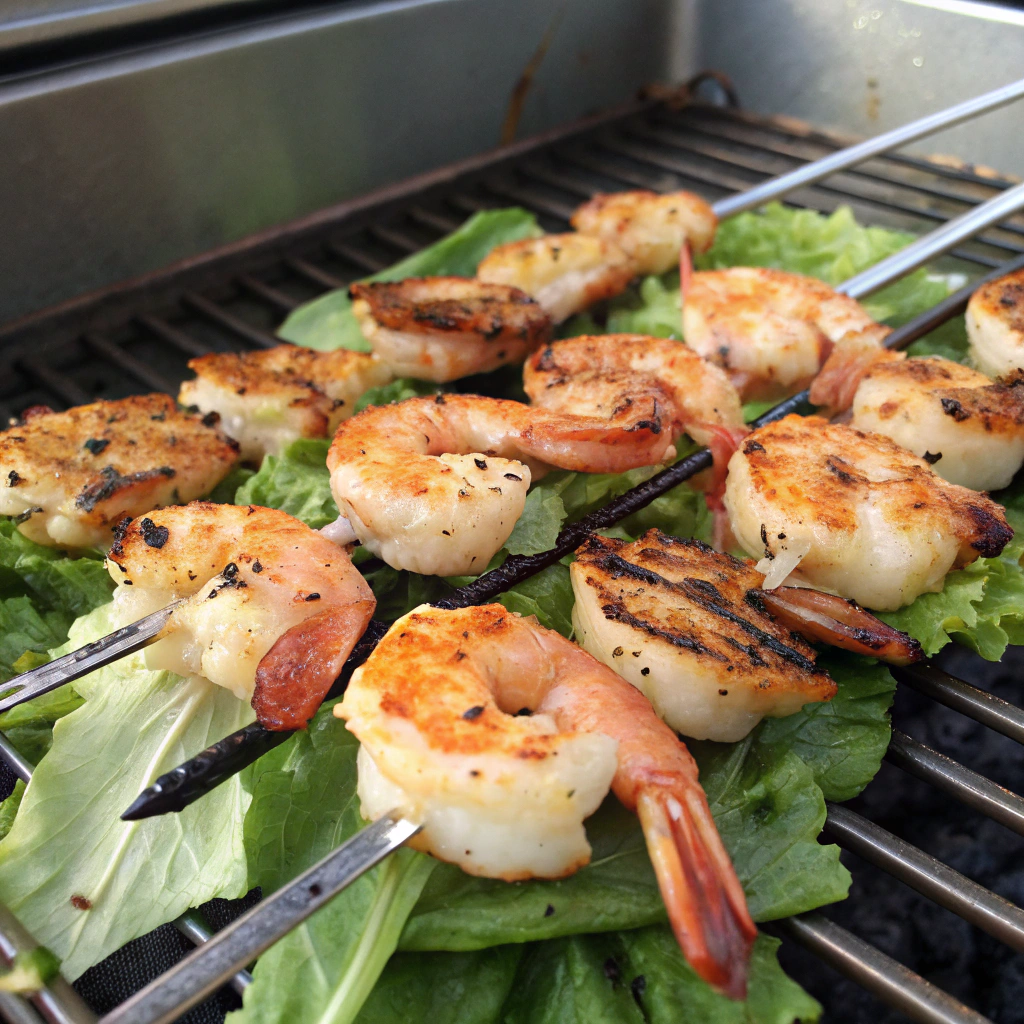 Grilled Shrimp Caesar Salad: Skewered shrimp with char marks, arranged parallel on grill grate. Caramelized by natural light. Appetizing grilled seafood dish.