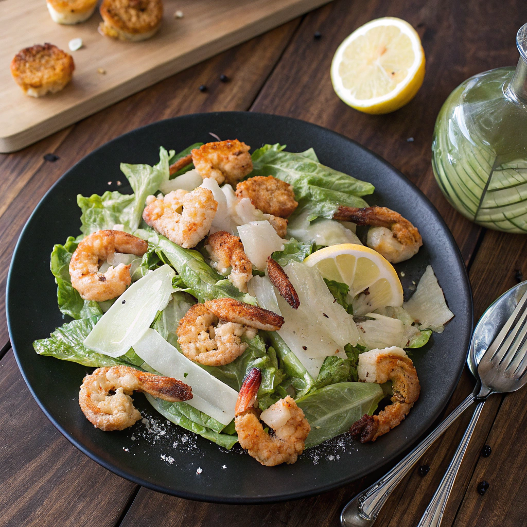 Grilled Shrimp Caesar Salad, shrimp arranged over romaine, croutons, capers, Parmesan. Creamy dressing, lemon on black plate, rustic setting.