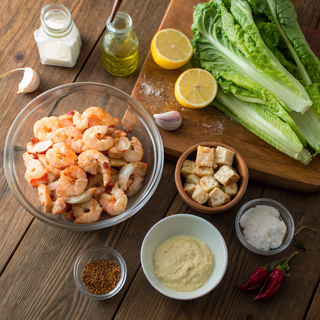 Grilled Shrimp Caesar Salad ingredients on wooden table: shrimp, romaine, croutons, parmesan, anchovy paste, garlic, lemon, pepper flakes.