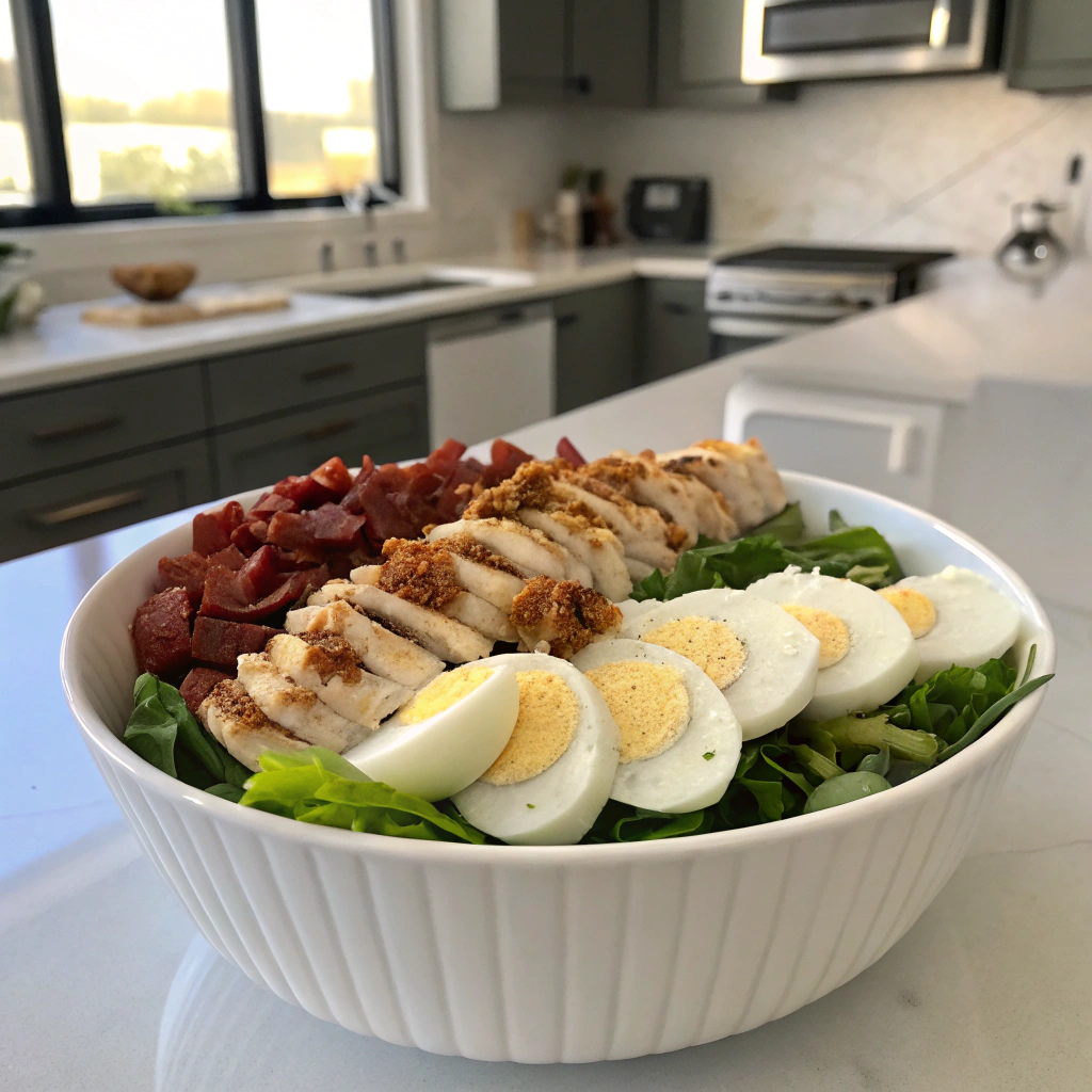 Keto Salad Recipe arrangement: chicken, eggs, bacon over greens in bowl. Visually appealing protein layer composition on white ceramic.