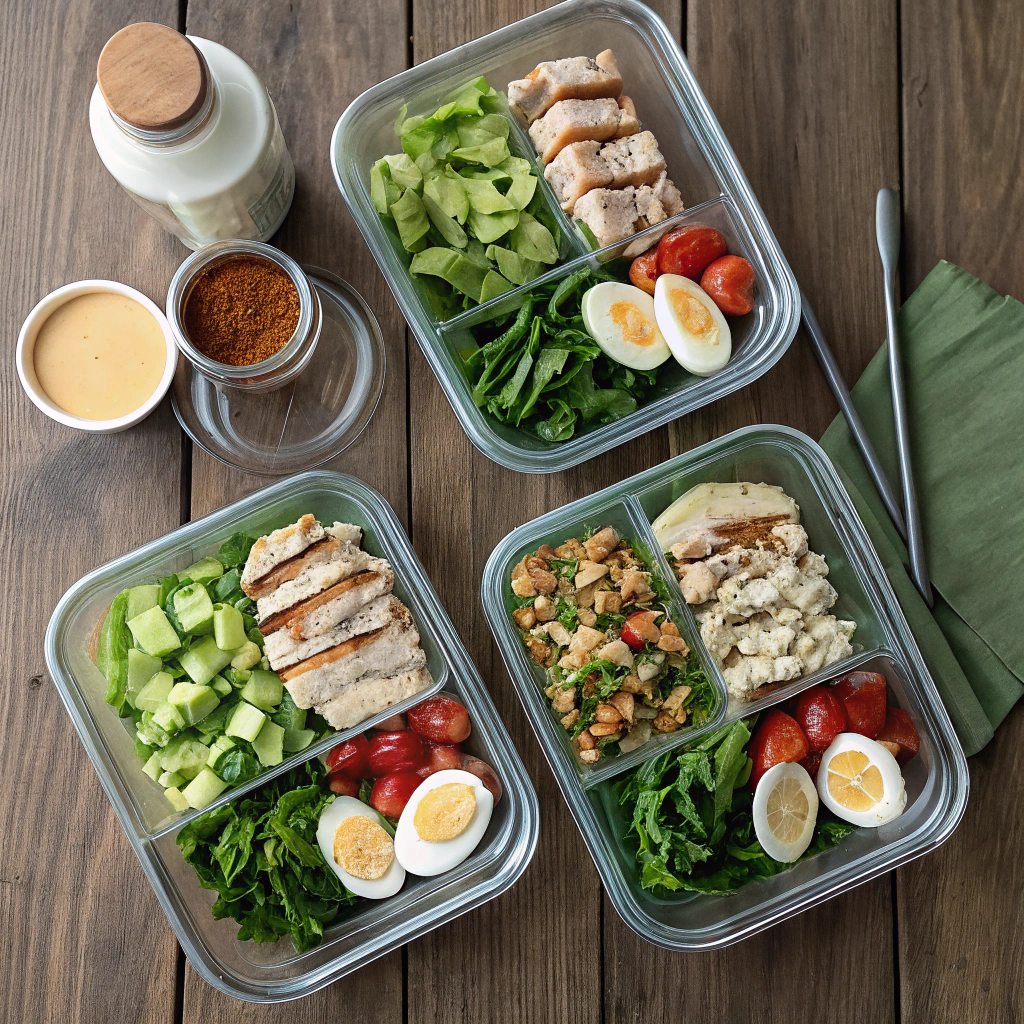 Overhead shot of Keto Salad Recipe in meal prep containers, layered with greens, proteins, toppings, and dressings on rustic wooden table.