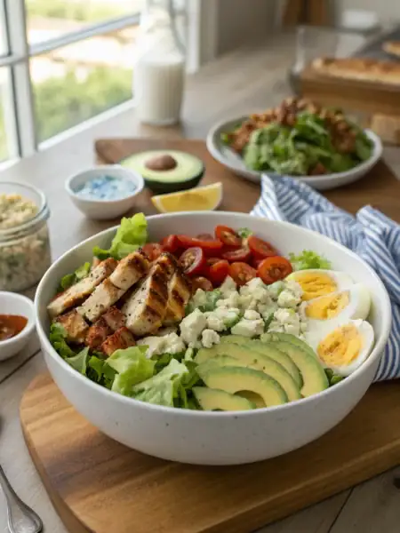 Keto Salad Recipe: Layered romaine, grilled chicken, bacon, eggs, tomatoes, avocado, blue cheese drizzle, angled shot in ceramic bowl.