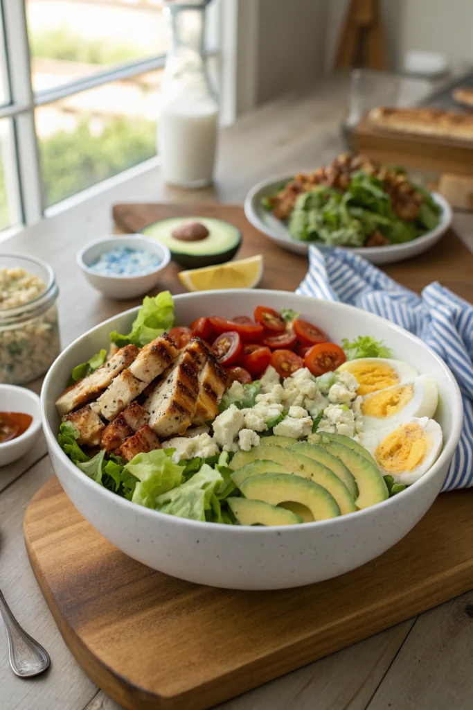 Keto Salad Recipe: Layered romaine, grilled chicken, bacon, eggs, tomatoes, avocado, blue cheese drizzle, angled shot in ceramic bowl.