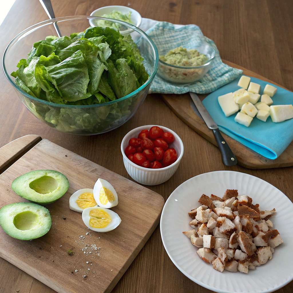 Keto Salad Recipe ingredients photo - romaine, spinach, chicken, bacon, eggs, tomatoes, avocado, blue cheese, arranged beautifully on wooden table.