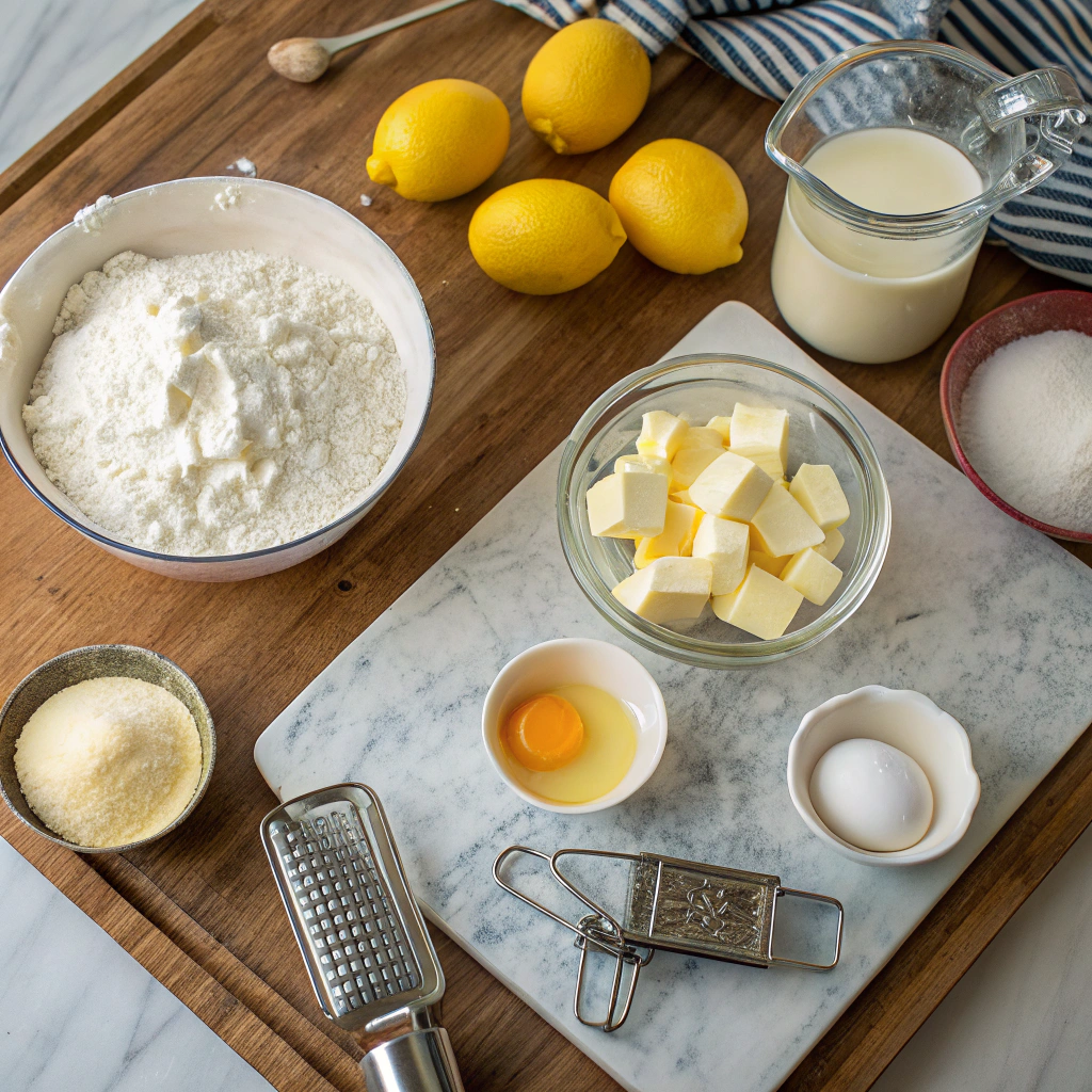 Lemon meringue pie ingredients arranged neatly: flour, butter, lemons, sugar, cornstarch, eggs, cream of tartar, vanilla in flat lay composition.