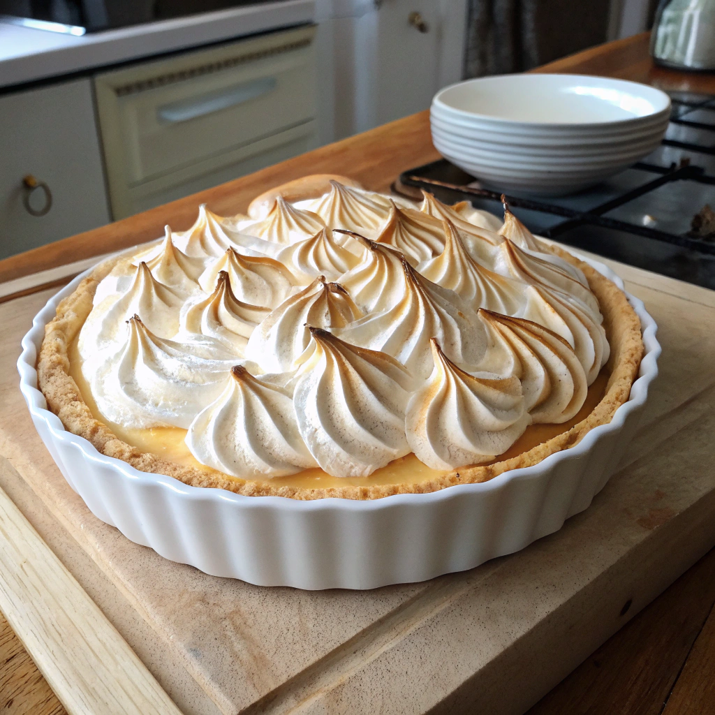 Lemon meringue pie recipe topped with swirled peaks of golden meringue on a rustic wooden surface, showcasing homemade dessert.