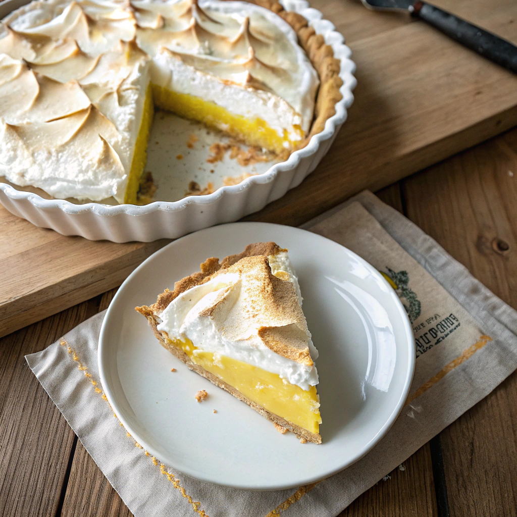 Lemon meringue pie: overhead shot of bright yellow lemon filling contrasting white meringue peaks on rustic wood table. Delicious lemon dessert recipe.