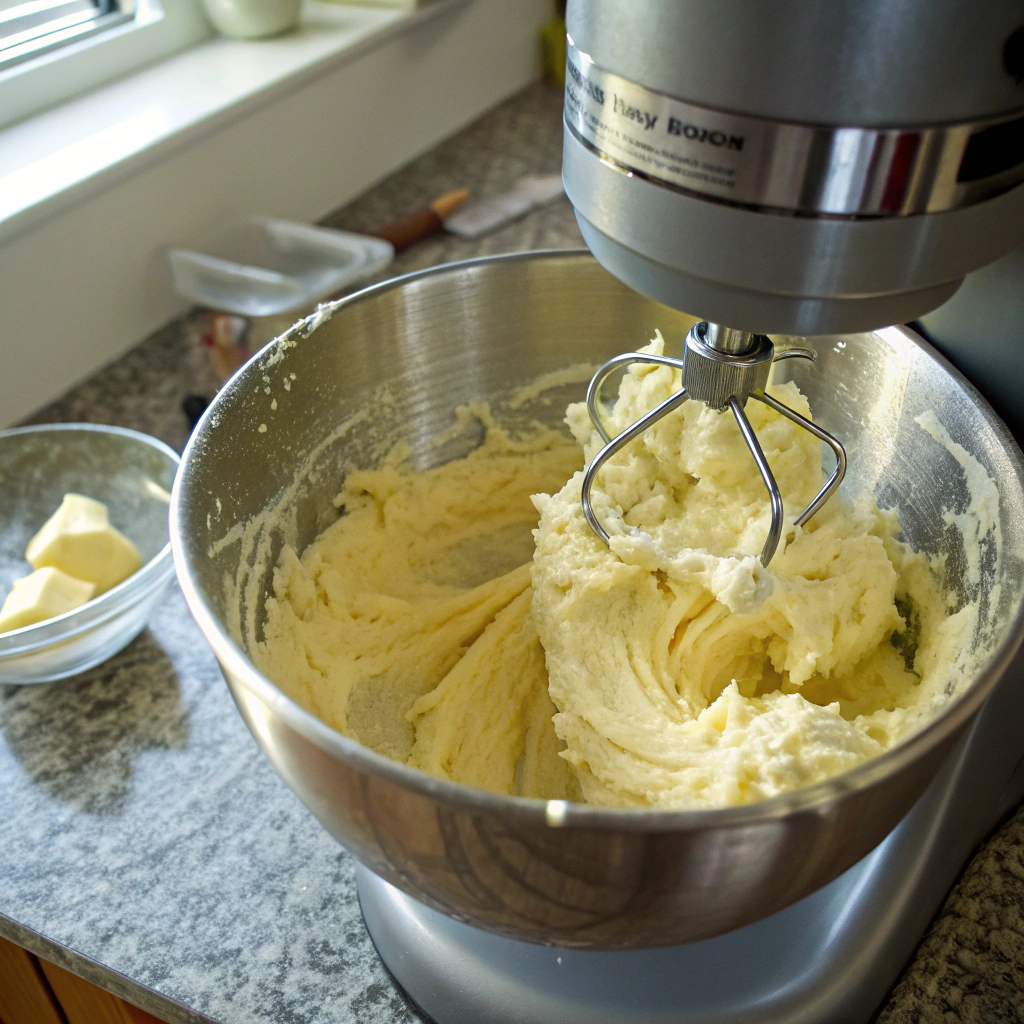 Lemon pound cake batter being whipped in mixer, creamy butter-sugar blend with visible air pockets