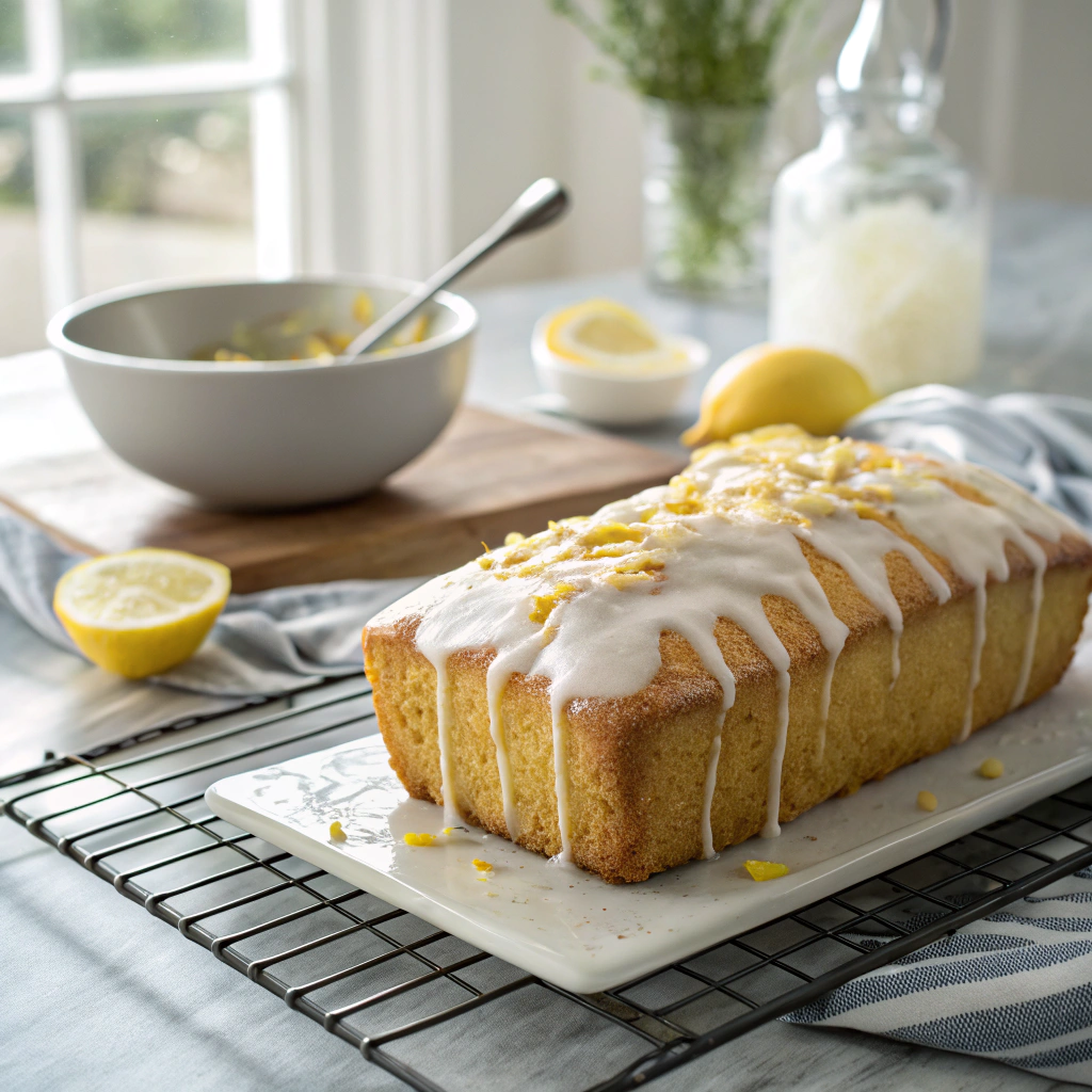 Lemon pound cake glaze drips over golden-brown surface, with lemon zest visible. Glazing action shot shows inviting texture.