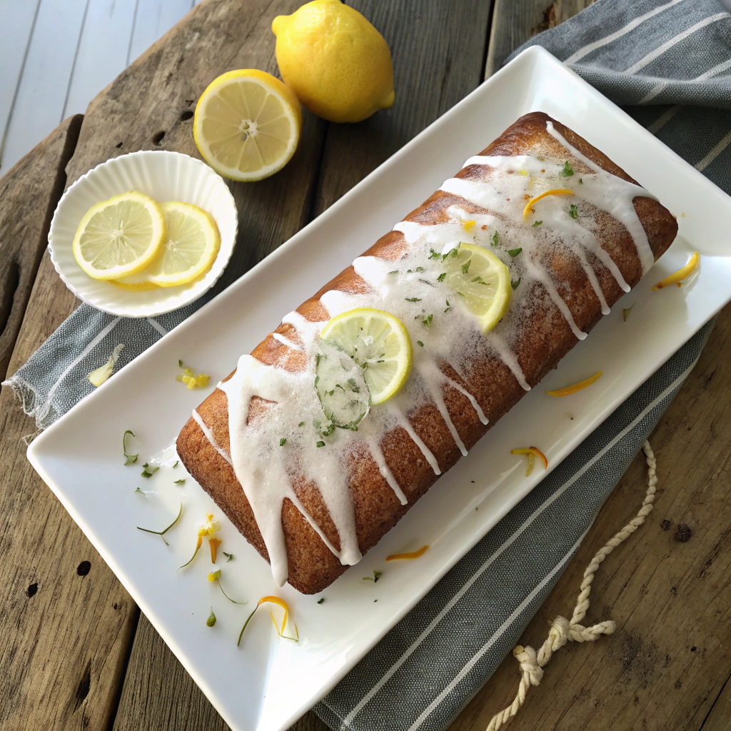 Lemon pound cake with lemon glaze dripping down sides, garnished with fresh lemon slices on wooden table.