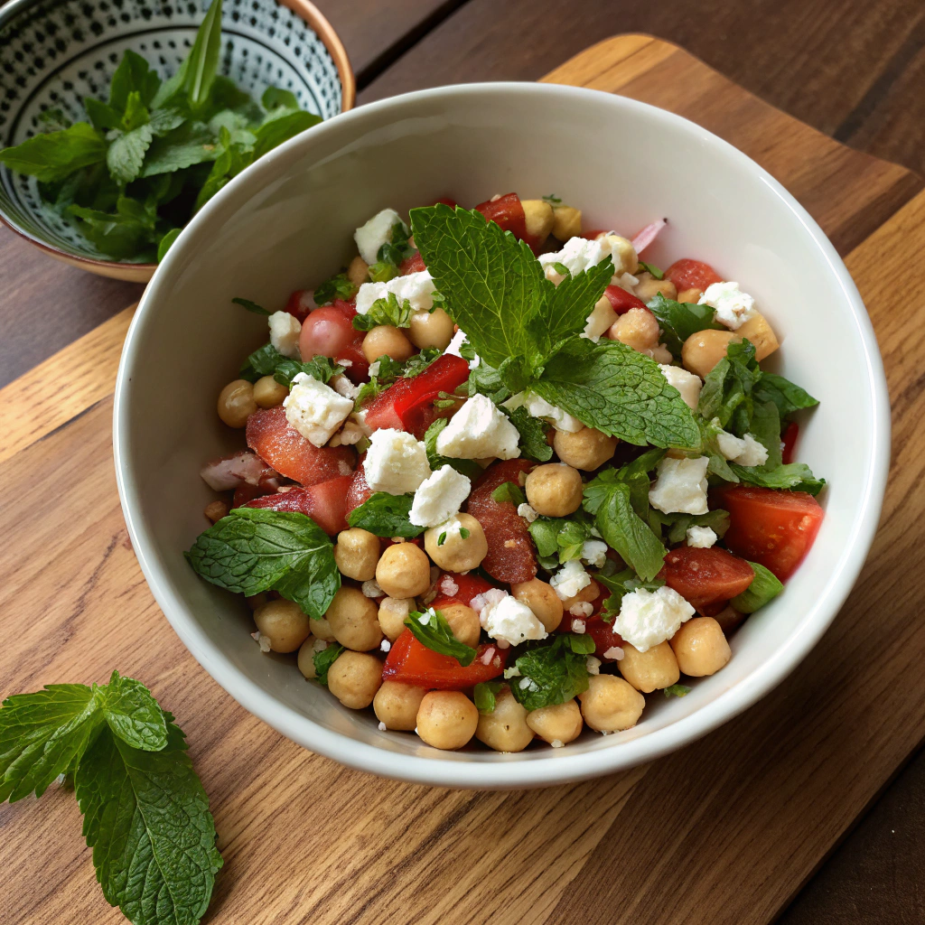 Mediterranean Chickpea Salad with chickpeas, feta, veggies artfully arranged in white bowl, overhead view of colorful mosaic.