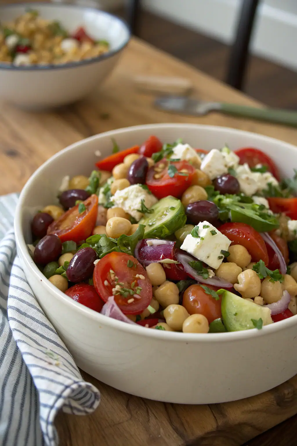 Mediterranean Chickpea Salad photo: colorful bowl of chickpeas, tomatoes, olives, feta, herbs on rustic table in bright kitchen.