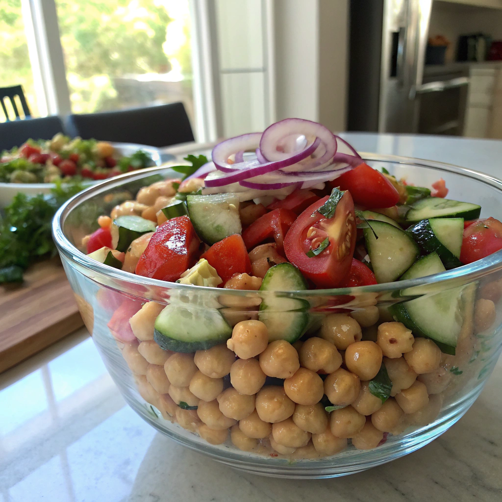 Mediterranean Chickpea Salad: vibrant veggies, chickpeas in glass bowl. Diced cucumbers, halved tomatoes, red onions artfully arranged on top. Inviting dish.