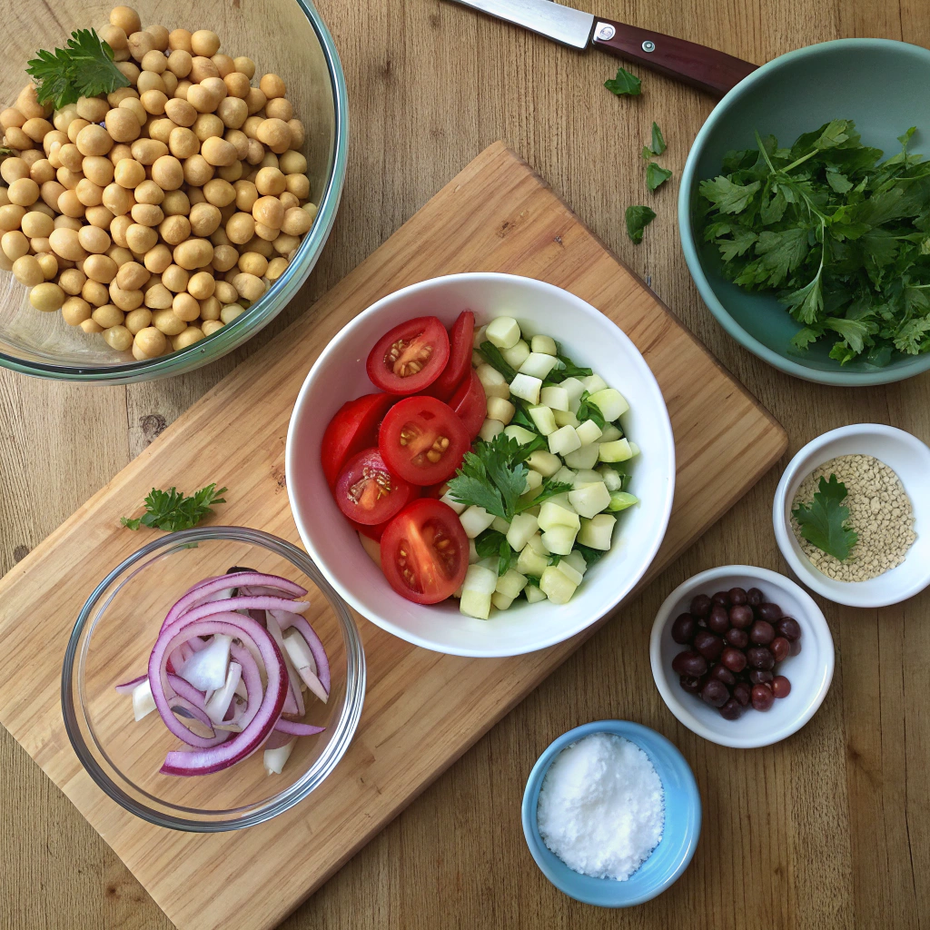 Mediterranean Chickpea Salad ingredients flat lay: chickpeas, veggies, feta, herbs, olives artfully arranged on rustic wooden table.