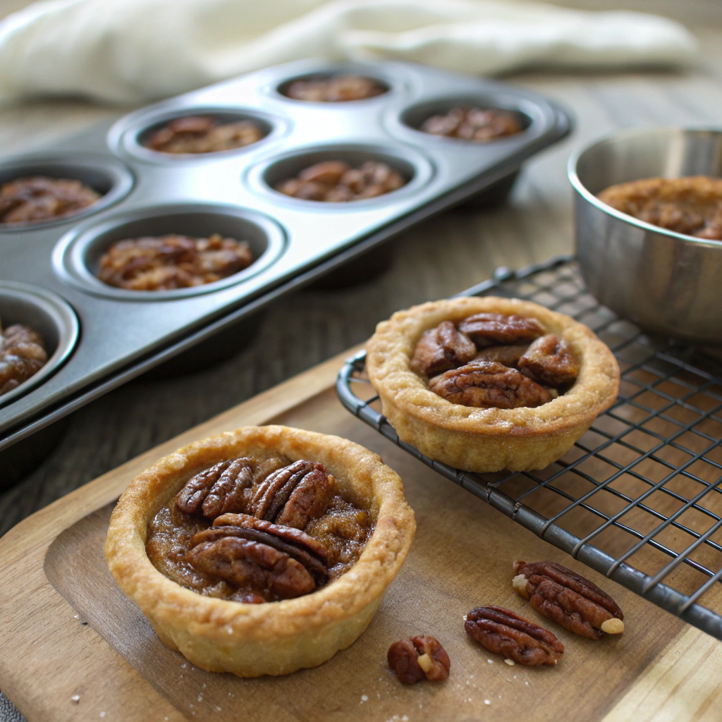 Mini pecan pies captured in muffin tin with golden filling, perfect for baking enthusiasts seeking delectable treats.