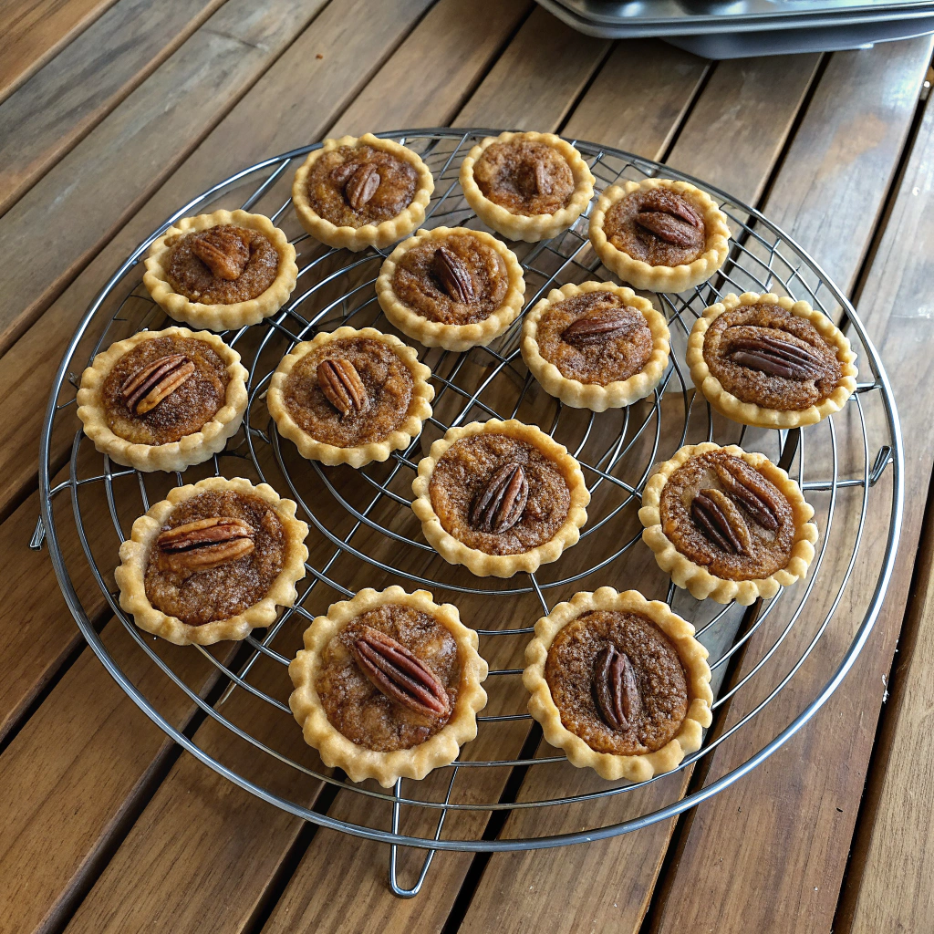 Mini pecan pies arranged in concentric circles on cooling rack: golden pastry, pecan topping, mouthwatering overhead shot.