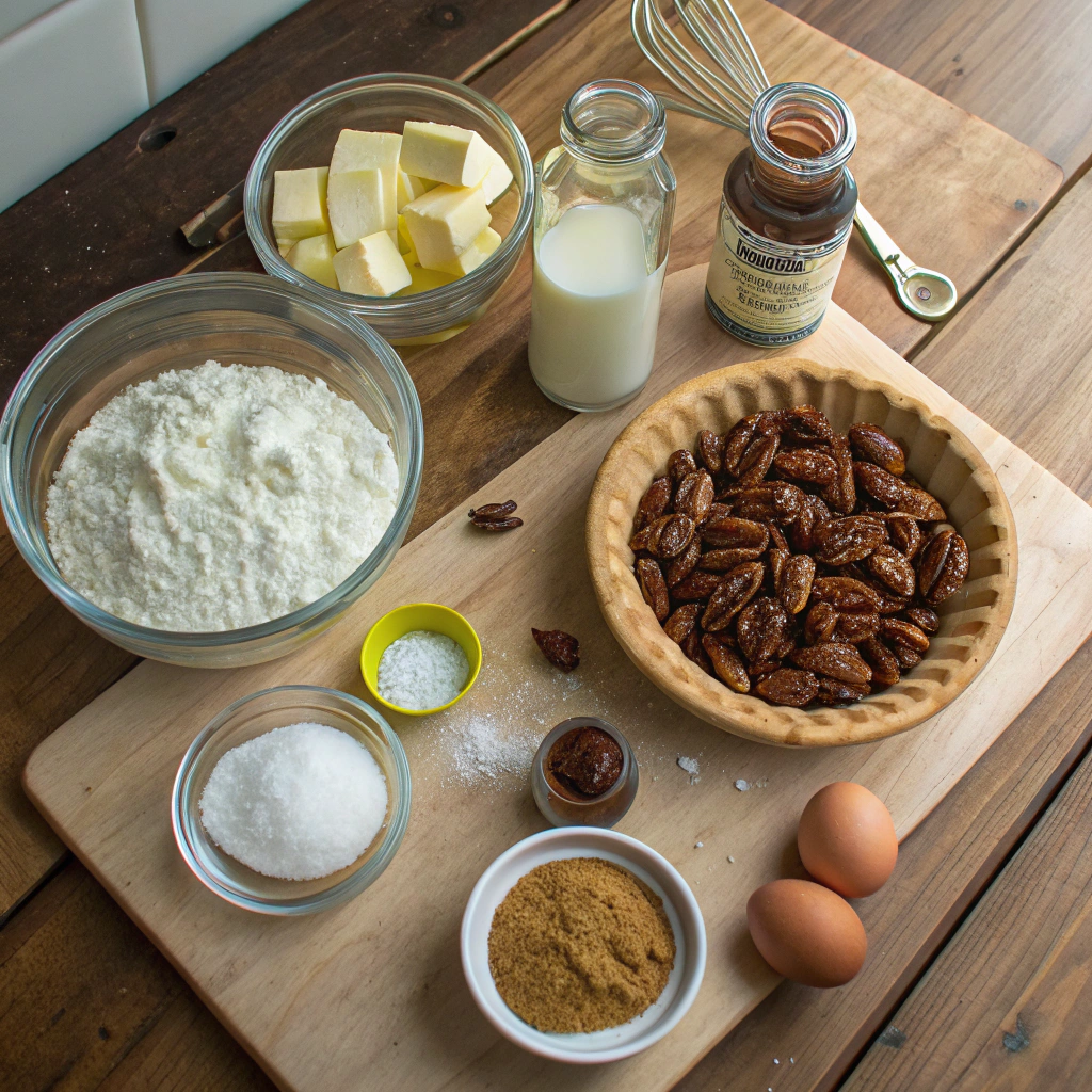 Mini pecan pies ingredients flat lay: flour, butter, salt, sugar, eggs, syrup, pecans, vanilla. Rustic wooden table.