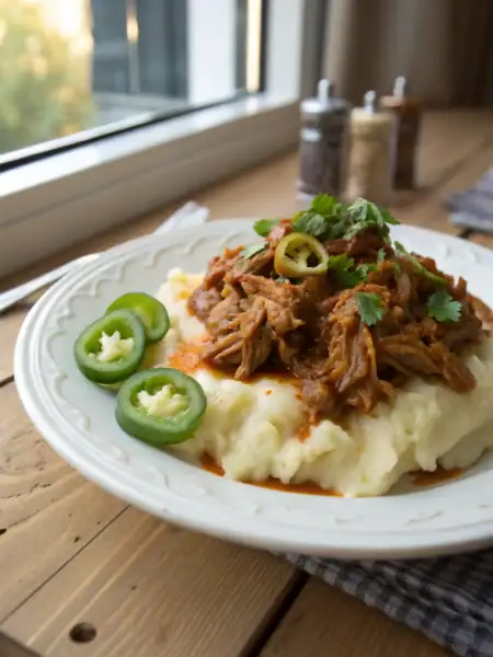 Mississippi chicken over mashed potatoes with pepperoncini garnish. Rustic photo captures saucy shredded chicken atop creamy potatoes on white plate.