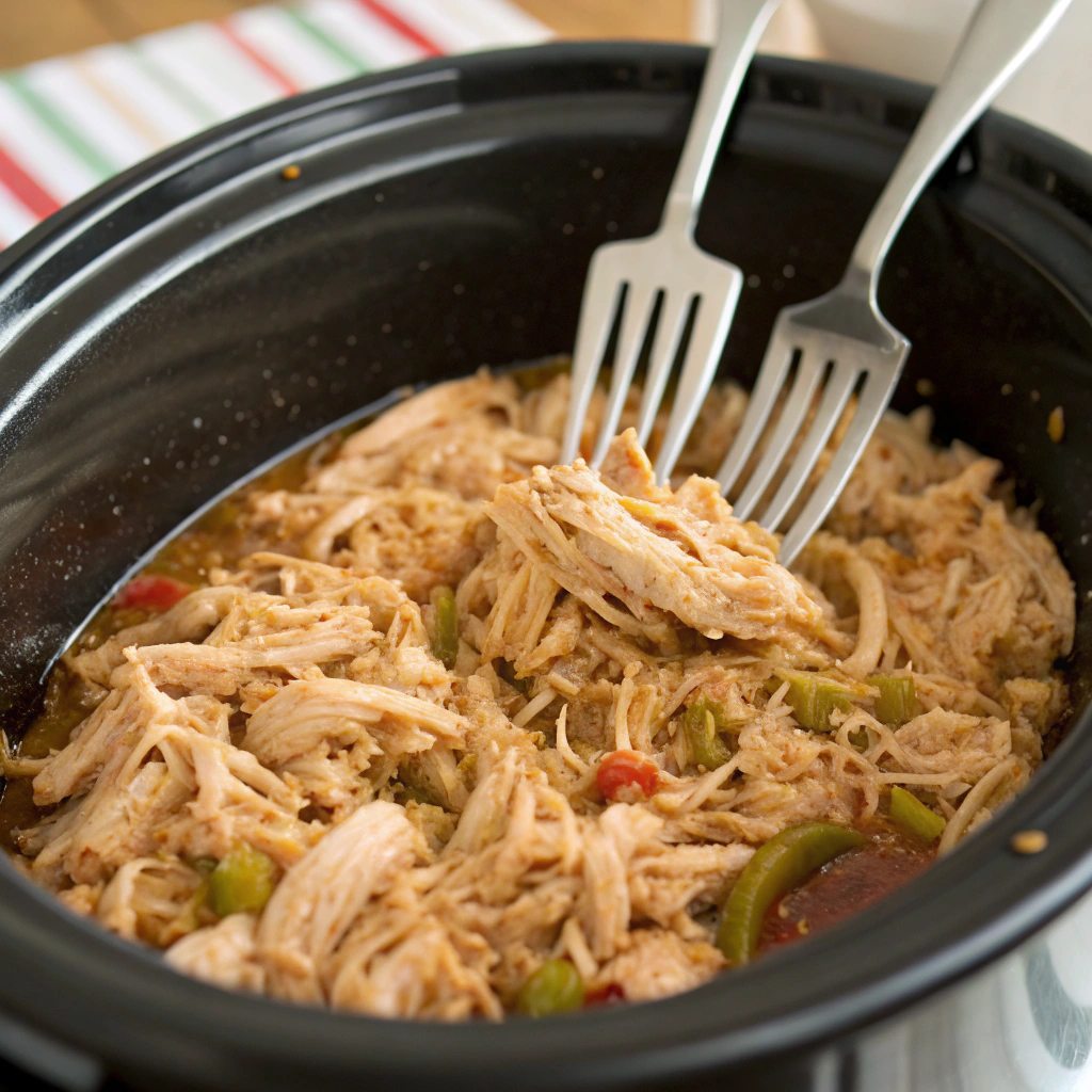 Mississippi chicken close-up: shredded meat coated in rich sauce with pepperoncini, forks capturing texture in slow cooker.