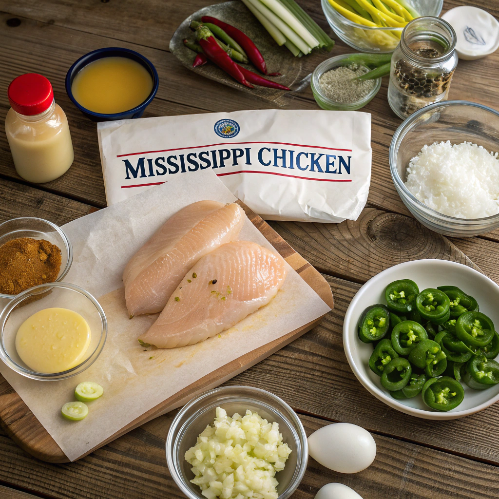 Flat lay of mississippi chicken ingredients: chicken, ranch, butter, peppers, onions & garlic neatly arranged on rustic wood table.