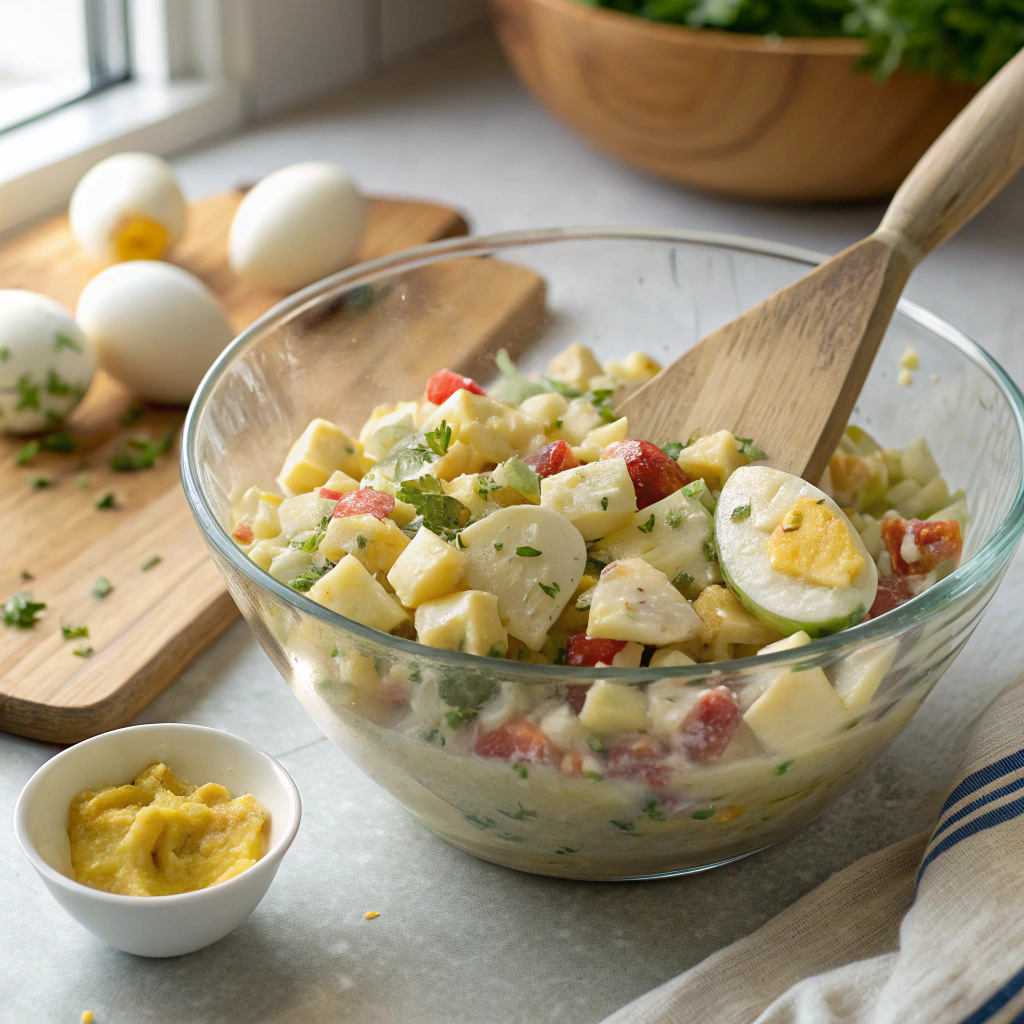 Mustard potato salad with eggs and veggies, folding into dressing in glass bowl