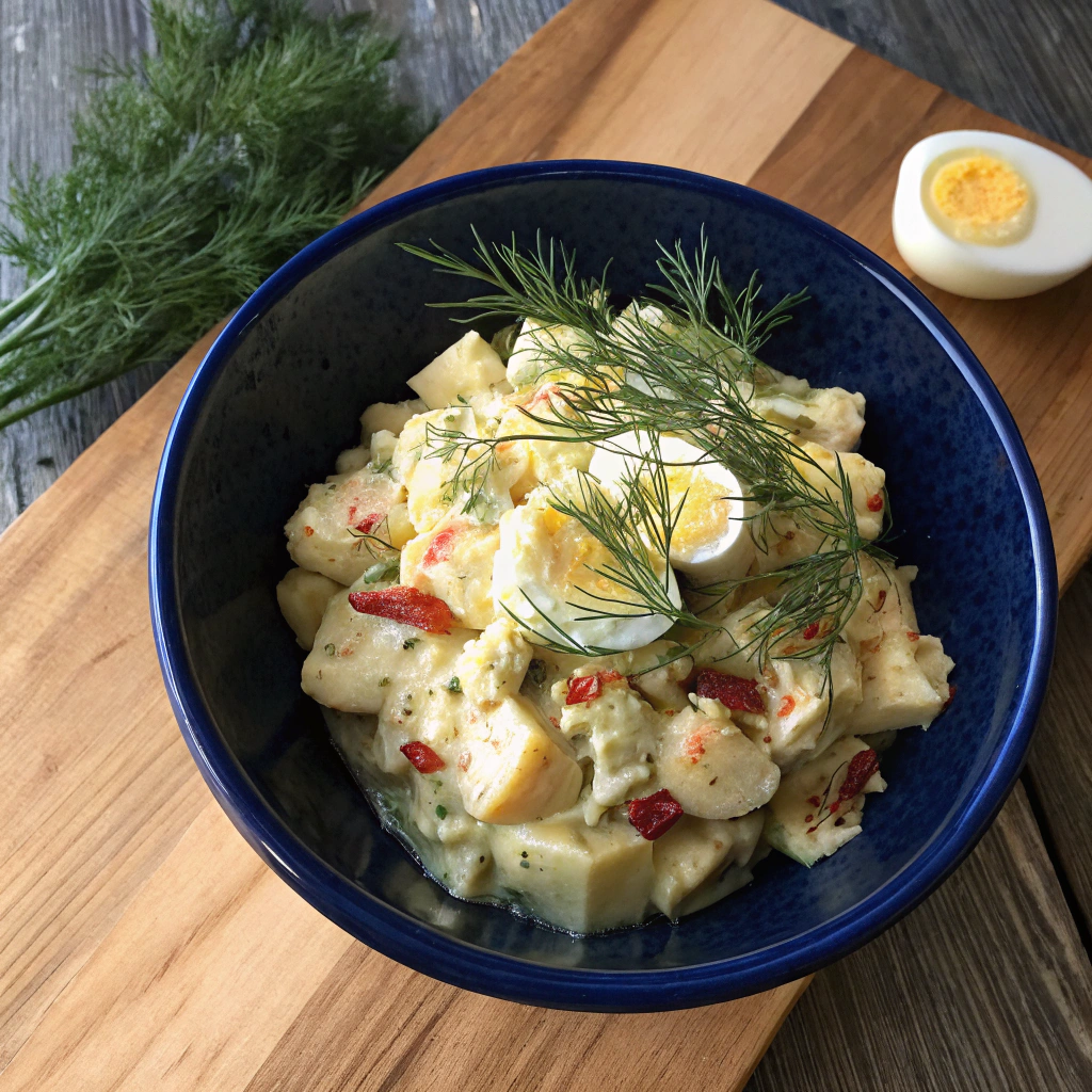 Mustard potato salad with egg chunks, paprika, fresh dill garnish in blue bowl. Creamy texture, vibrant colors.